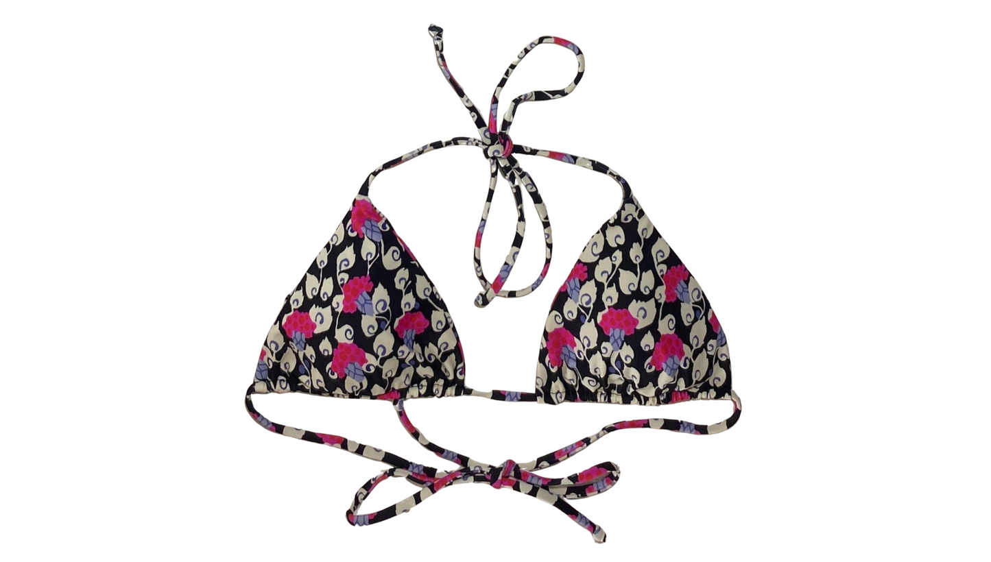 FLORA TRIAGANO SIERA thong g string tie side bikini bottoms and triangle string top in floral print at the beach